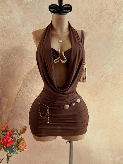 Soleia Women's Pleated Halter Neck Backless Solid Color Dress Dark Brown Summer Sexy Western Style Party Night Out Club Night Outfit Wedding