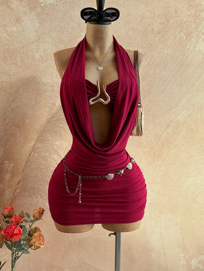 Soleia Women's Pleated Halter Neck Backless Solid Color Dress Dark Brown Summer Sexy Western Style Party Night Out Club Night Outfit Wedding