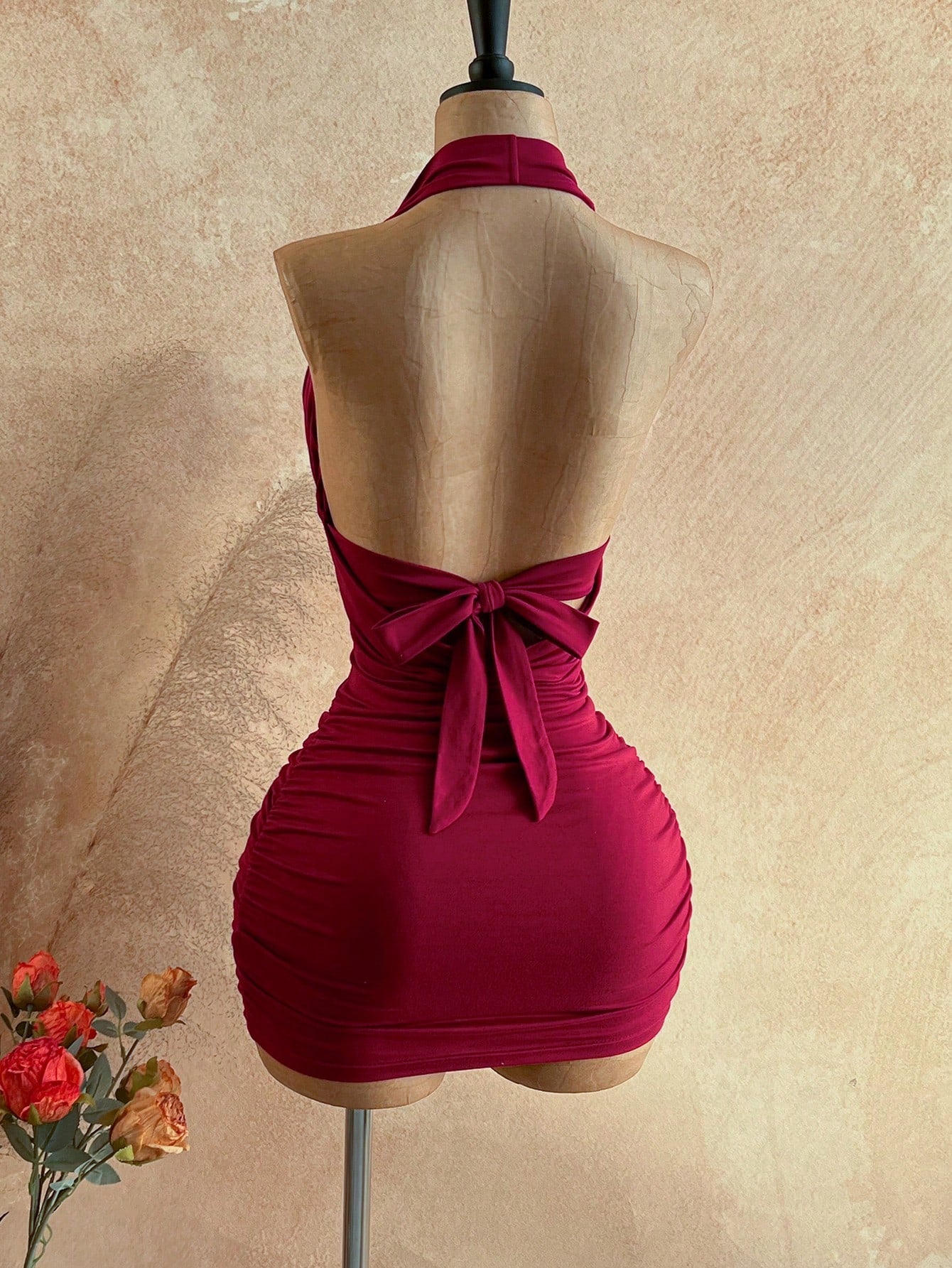 Soleia Women's Pleated Halter Neck Backless Solid Color Dress Dark Brown Summer Sexy Western Style Party Night Out Club Night Outfit Wedding