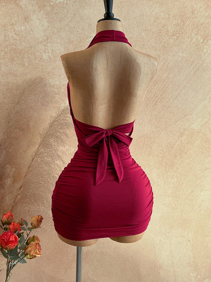 Soleia Women's Pleated Halter Neck Backless Solid Color Dress Dark Brown Summer Sexy Western Style Party Night Out Club Night Outfit Wedding