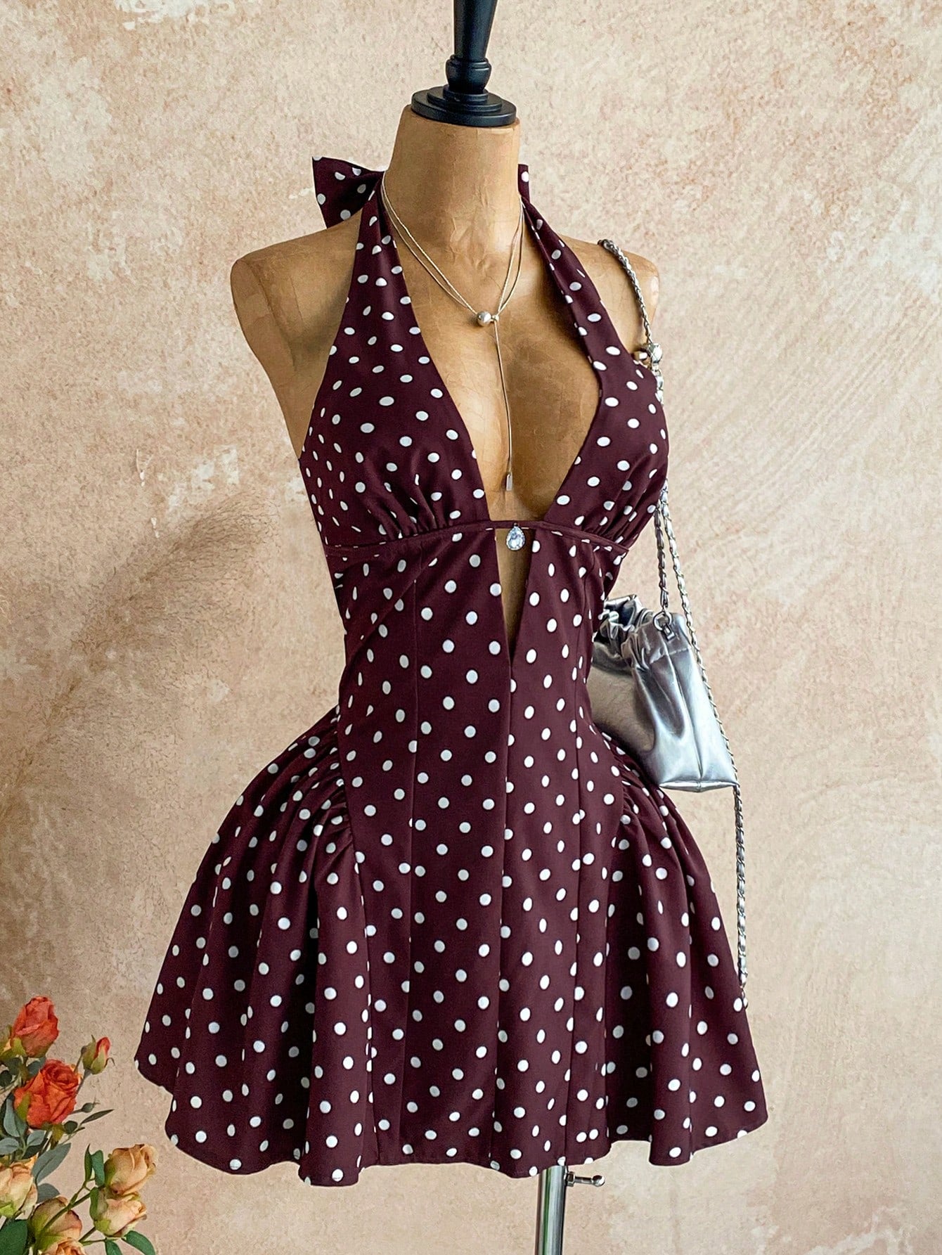 Soleia Women's Polka Dot V-Neck Hollow Waist A-Line Mini Dress, Suitable For Party, Christmas, Date, Nightclub, Bohemian, Boho, Vacation, Fall