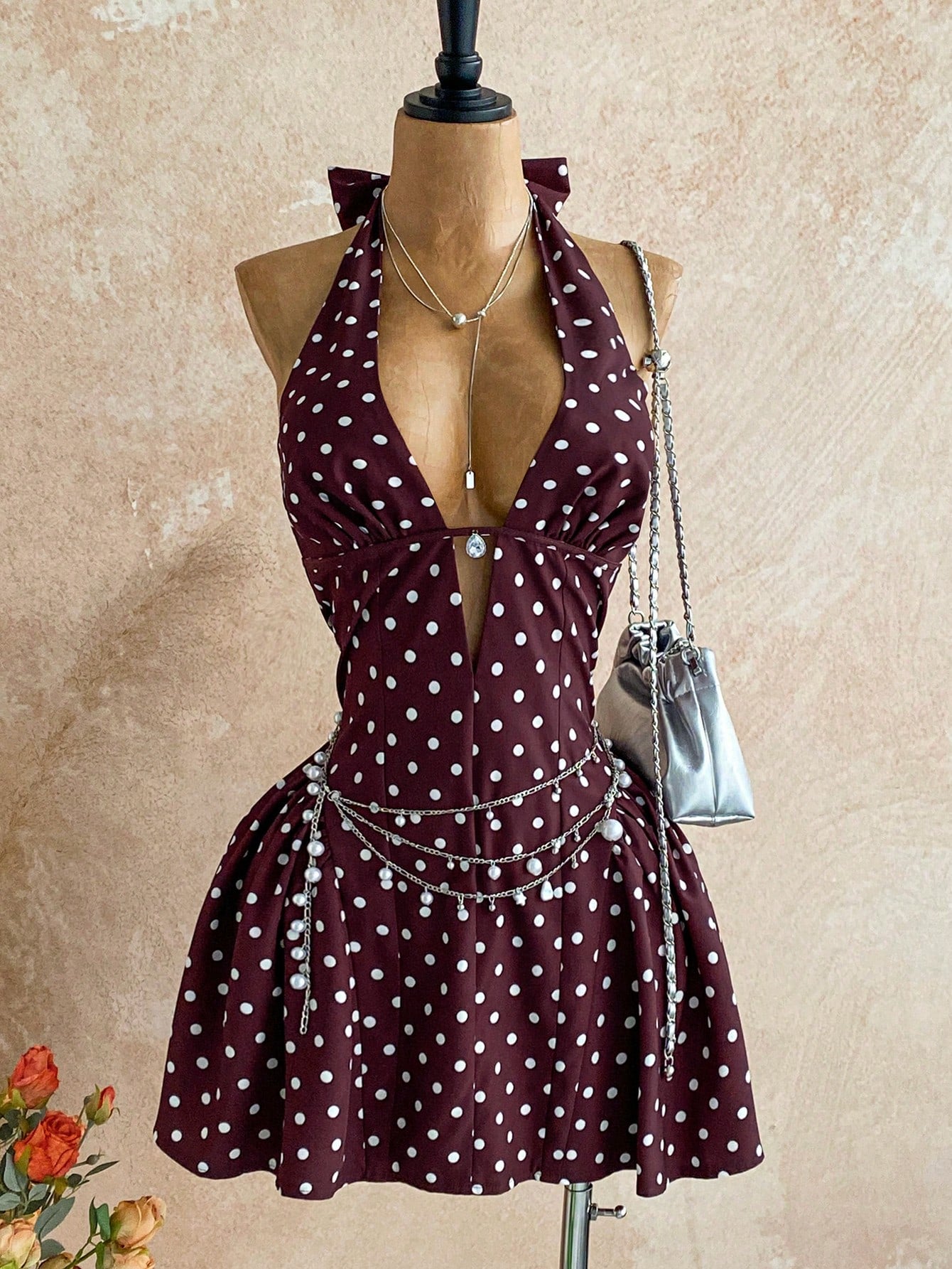 Soleia Women's Polka Dot V-Neck Hollow Waist A-Line Mini Dress, Suitable For Party, Christmas, Date, Nightclub, Bohemian, Boho, Vacation, Fall