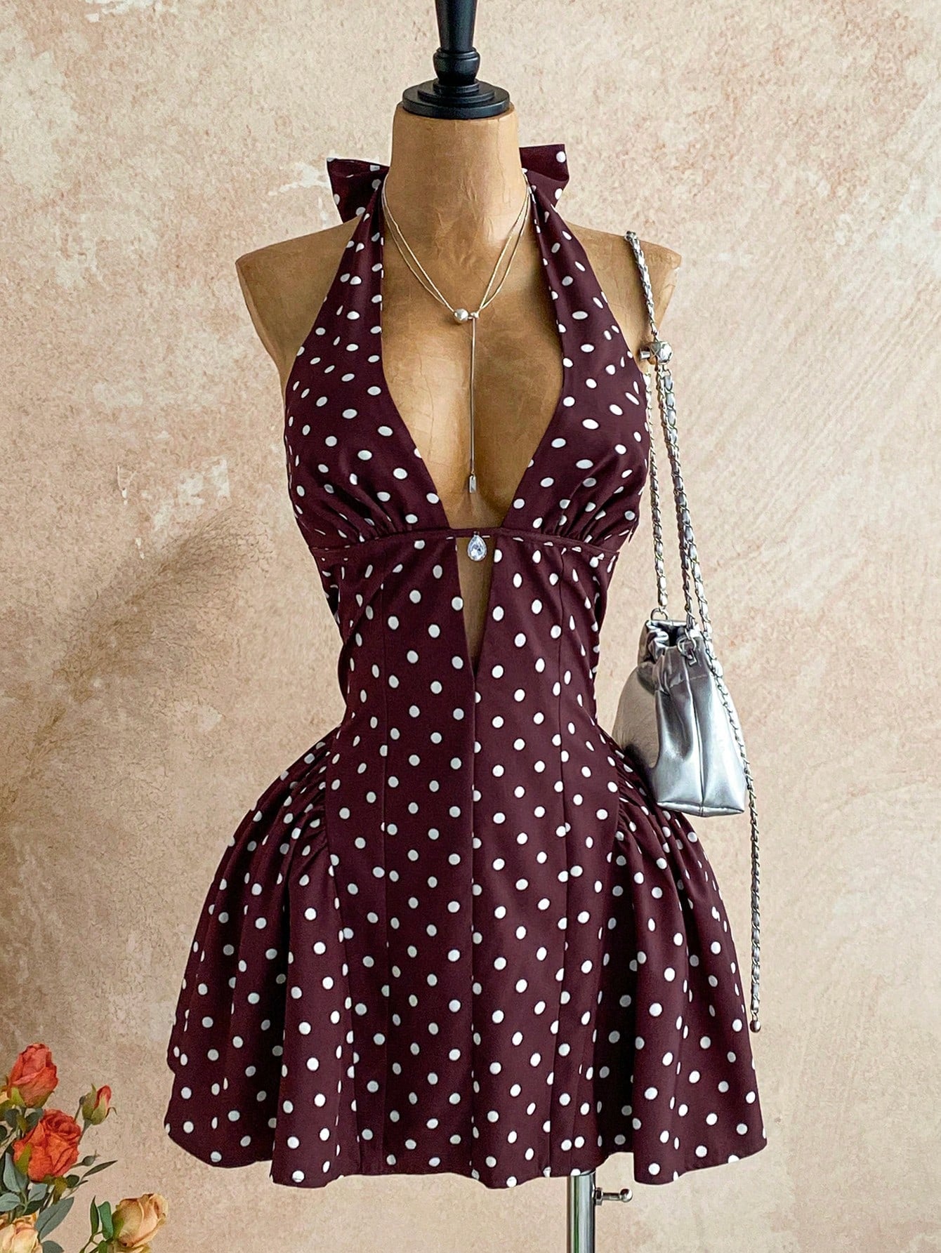Soleia Women's Polka Dot V-Neck Hollow Waist A-Line Mini Dress, Suitable For Party, Christmas, Date, Nightclub, Bohemian, Boho, Vacation, Fall