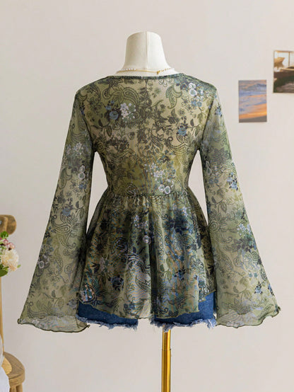 Soleia Women's Retro Green Floral V-Neck Lace-Up Bowknot Flared Sleeve Asymmetrical Hem Top,Summer Boho Holiday Tea Party Holiday Halloween Concert Christmas