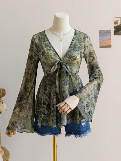 Soleia Women's Retro Green Floral V-Neck Lace-Up Bowknot Flared Sleeve Asymmetrical Hem Top,Summer Boho Holiday Tea Party Holiday Halloween Concert Christmas