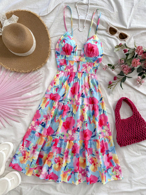 Soleia Women's Sleeveless V-Neck Hollow Backless Colorful Floral Print Mid-Length Dress, Summer Beach Vacation Outfit No Chest Padding
