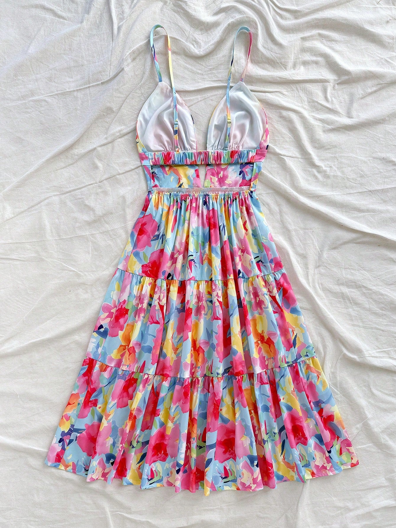Soleia Women's Sleeveless V-Neck Hollow Backless Colorful Floral Print Mid-Length Dress, Summer Beach Vacation Outfit No Chest Padding