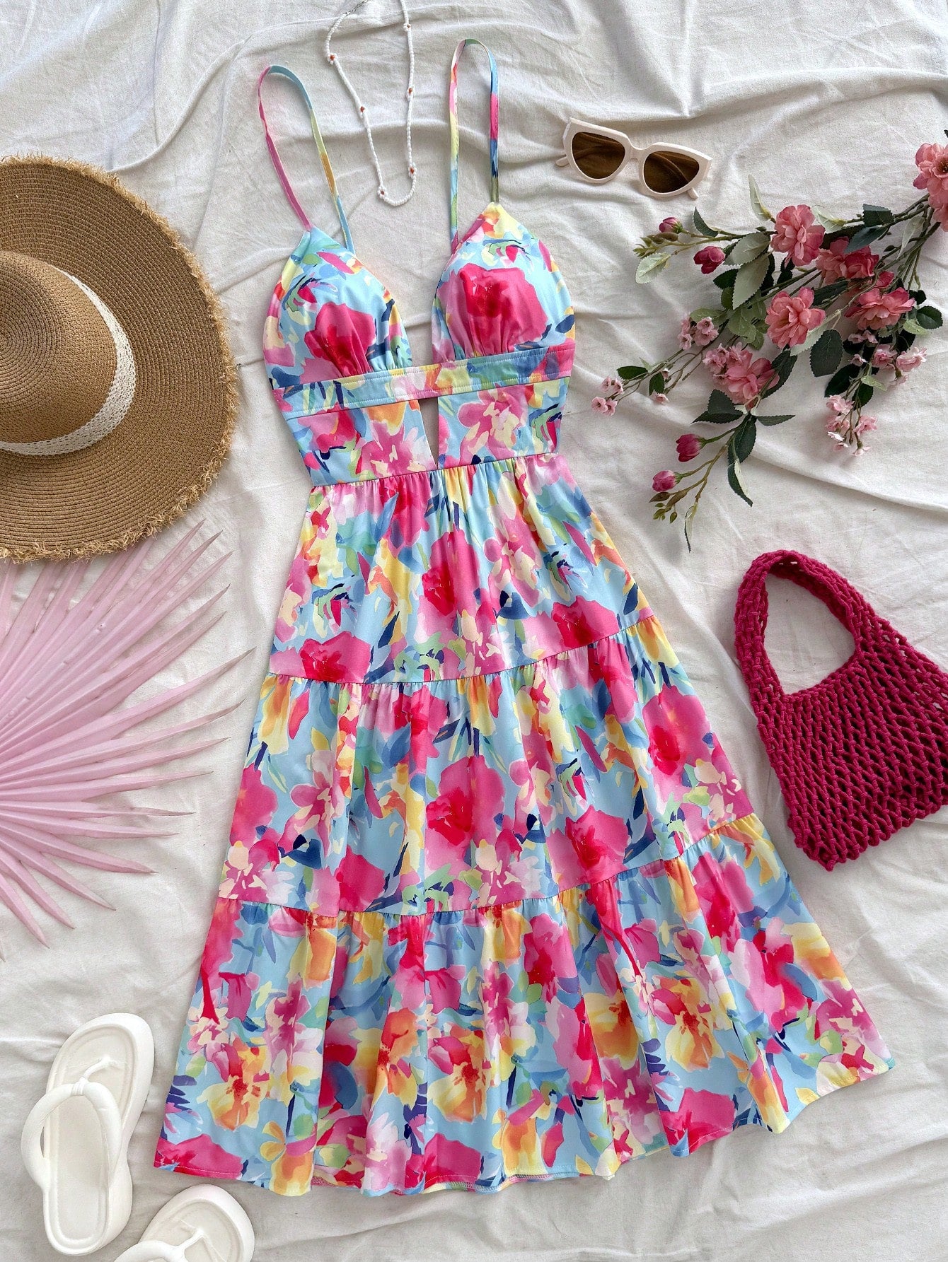 Soleia Women's Sleeveless V-Neck Hollow Backless Colorful Floral Print Mid-Length Dress, Summer Beach Vacation Outfit No Chest Padding