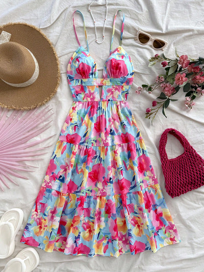Soleia Women's Sleeveless V-Neck Hollow Backless Colorful Floral Print Mid-Length Dress, Summer Beach Vacation Outfit No Chest Padding