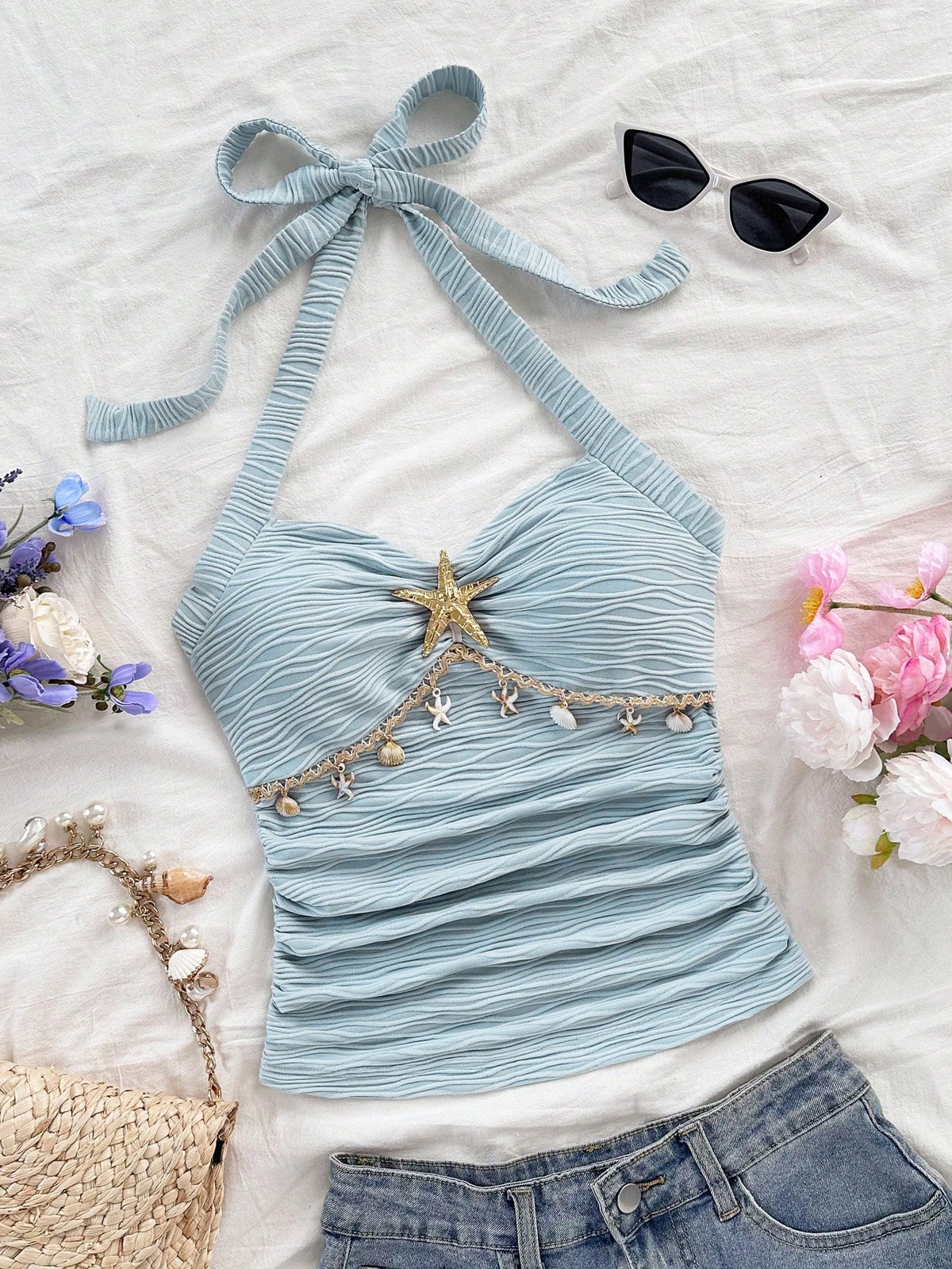Soleia Women's Starfish Shell Decor Lace No Chest Padding V-Neck Halter Tie Strap Knit Textured Fitted Tank Top, Baby Blue,Tropical,Beach,Holiday,Vacation