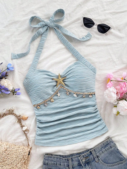 Soleia Women's Starfish Shell Decor Lace No Chest Padding V-Neck Halter Tie Strap Knit Textured Fitted Tank Top, Baby Blue,Tropical,Beach,Holiday,Vacation