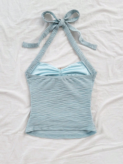 Soleia Women's Starfish Shell Decor Lace No Chest Padding V-Neck Halter Tie Strap Knit Textured Fitted Tank Top, Baby Blue,Tropical,Beach,Holiday,Vacation