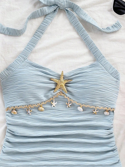 Soleia Women's Starfish Shell Decor Lace No Chest Padding V-Neck Halter Tie Strap Knit Textured Fitted Tank Top, Baby Blue,Tropical,Beach,Holiday,Vacation
