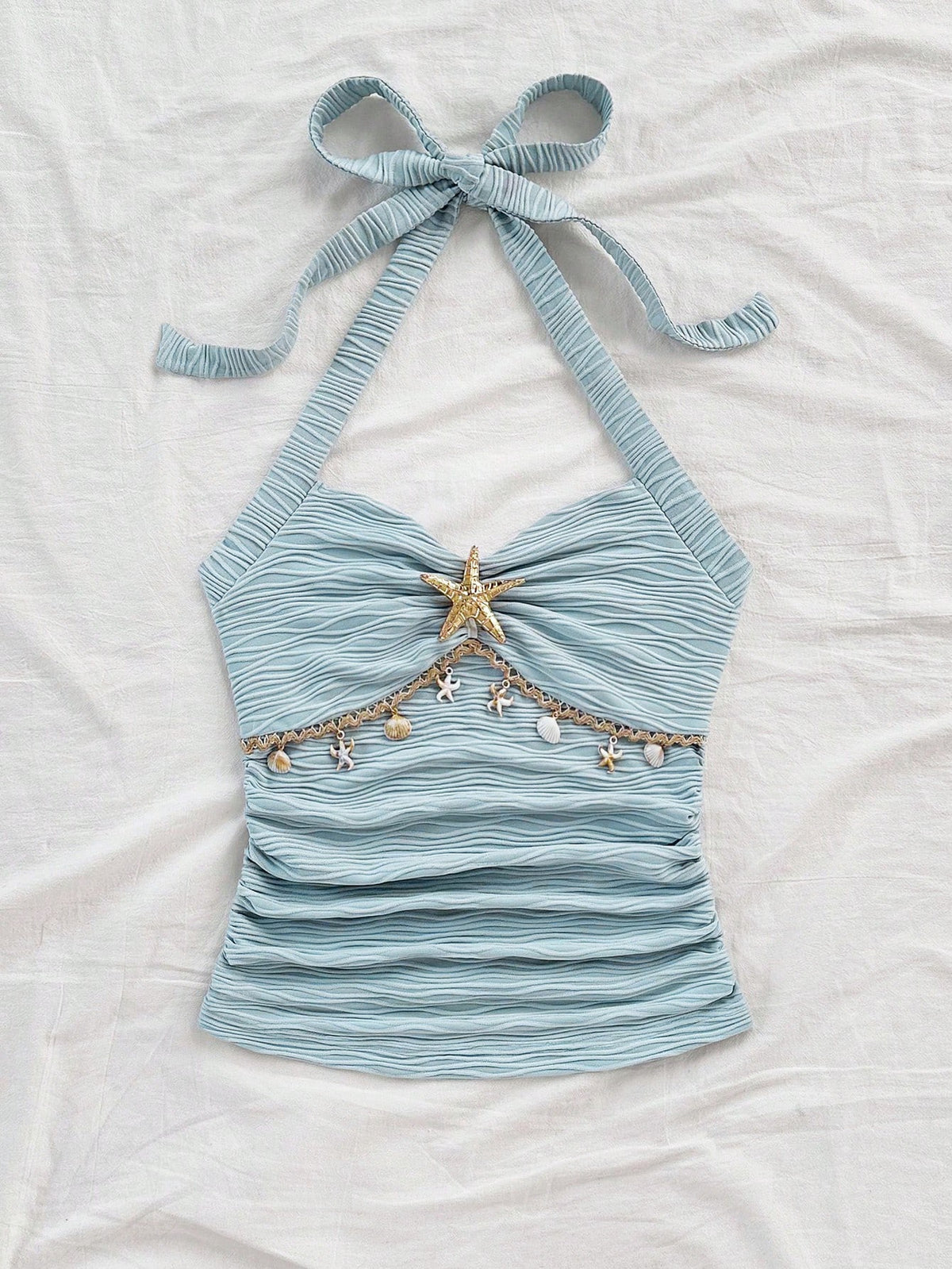 Soleia Women's Starfish Shell Decor Lace No Chest Padding V-Neck Halter Tie Strap Knit Textured Fitted Tank Top, Baby Blue,Tropical,Beach,Holiday,Vacation