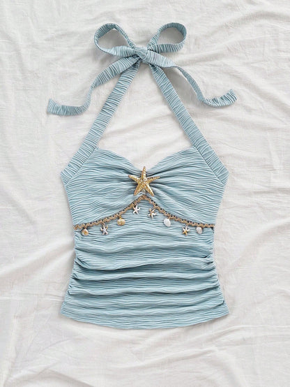 Soleia Women's Starfish Shell Decor Lace No Chest Padding V-Neck Halter Tie Strap Knit Textured Fitted Tank Top, Baby Blue,Tropical,Beach,Holiday,Vacation