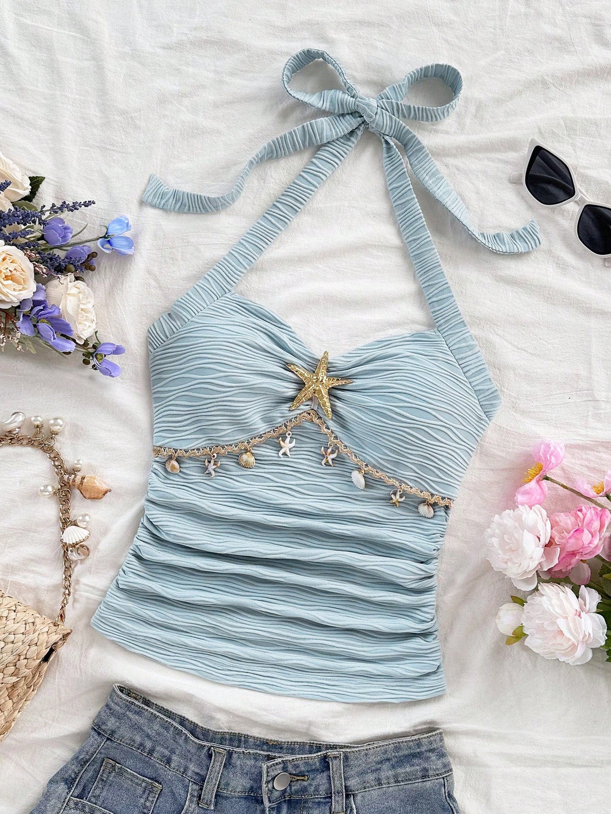Soleia Women's Starfish Shell Decor Lace No Chest Padding V-Neck Halter Tie Strap Knit Textured Fitted Tank Top, Baby Blue,Tropical,Beach,Holiday,Vacation
