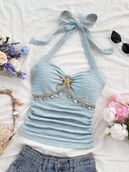 Soleia Women's Starfish Shell Decor Lace No Chest Padding V-Neck Halter Tie Strap Knit Textured Fitted Tank Top, Baby Blue,Tropical,Beach,Holiday,Vacation