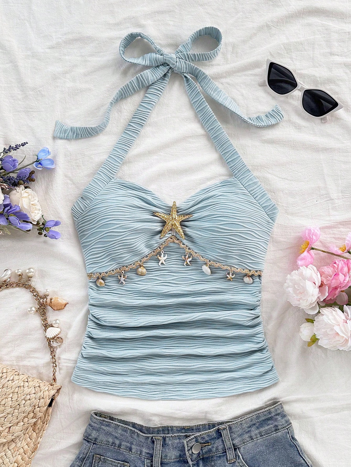 Soleia Women's Starfish Shell Decor Lace No Chest Padding V-Neck Halter Tie Strap Knit Textured Fitted Tank Top, Baby Blue,Tropical,Beach,Holiday,Vacation