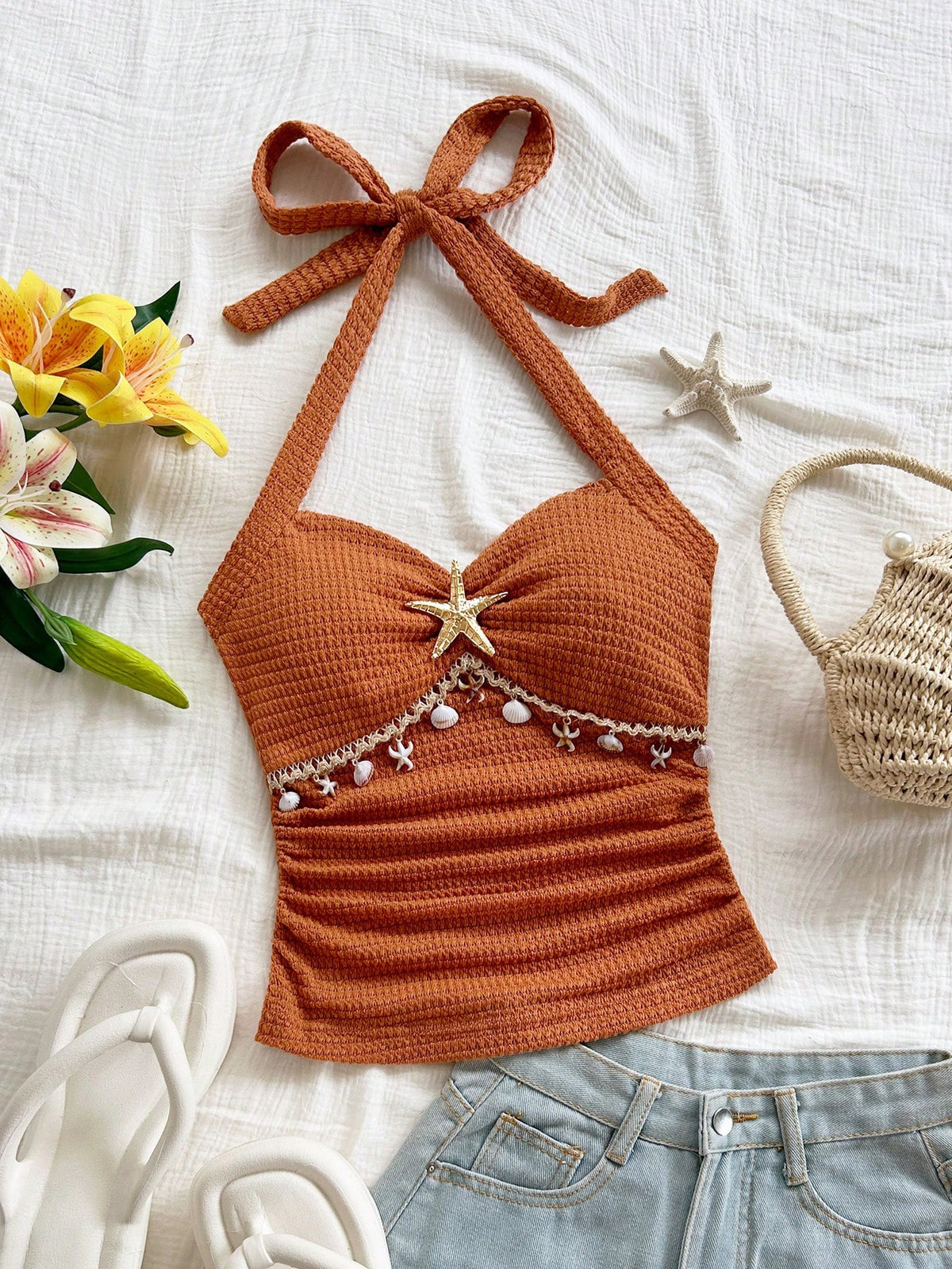 Soleia Women's Starfish Shell Decor Lace No Chest Padding V-Neck Halter Tie Strap Knit Textured Fitted Tank Top, Baby Blue,Tropical,Beach,Holiday,Vacation