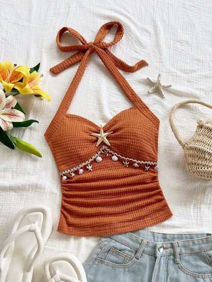 Soleia Women's Starfish Shell Decor Lace No Chest Padding V-Neck Halter Tie Strap Knit Textured Fitted Tank Top, Baby Blue,Tropical,Beach,Holiday,Vacation