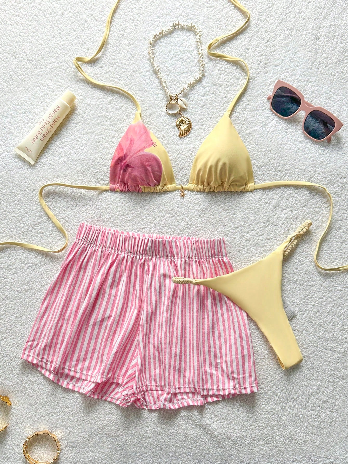 Soleia Women's Summer Beach Vacation Yellow Pink Stripe Halter Tie Sexy Tropical Bikini And Triangle Bottom Two-Piece Swimsuit Set With Shorts