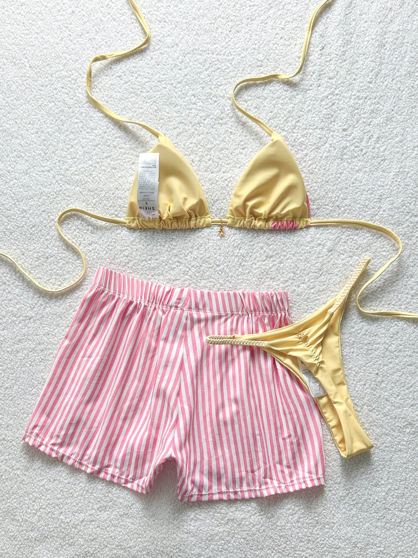 Soleia Women's Summer Beach Vacation Yellow Pink Stripe Halter Tie Sexy Tropical Bikini And Triangle Bottom Two-Piece Swimsuit Set With Shorts