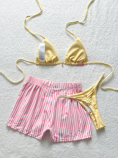 Soleia Women's Summer Beach Vacation Yellow Pink Stripe Halter Tie Sexy Tropical Bikini And Triangle Bottom Two-Piece Swimsuit Set With Shorts