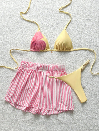 Soleia Women's Summer Beach Vacation Yellow Pink Stripe Halter Tie Sexy Tropical Bikini And Triangle Bottom Two-Piece Swimsuit Set With Shorts
