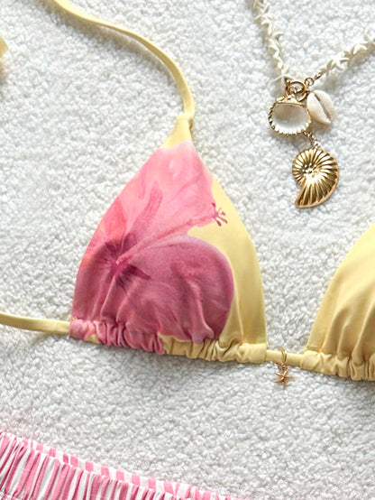 Soleia Women's Summer Beach Vacation Yellow Pink Stripe Halter Tie Sexy Tropical Bikini And Triangle Bottom Two-Piece Swimsuit Set With Shorts