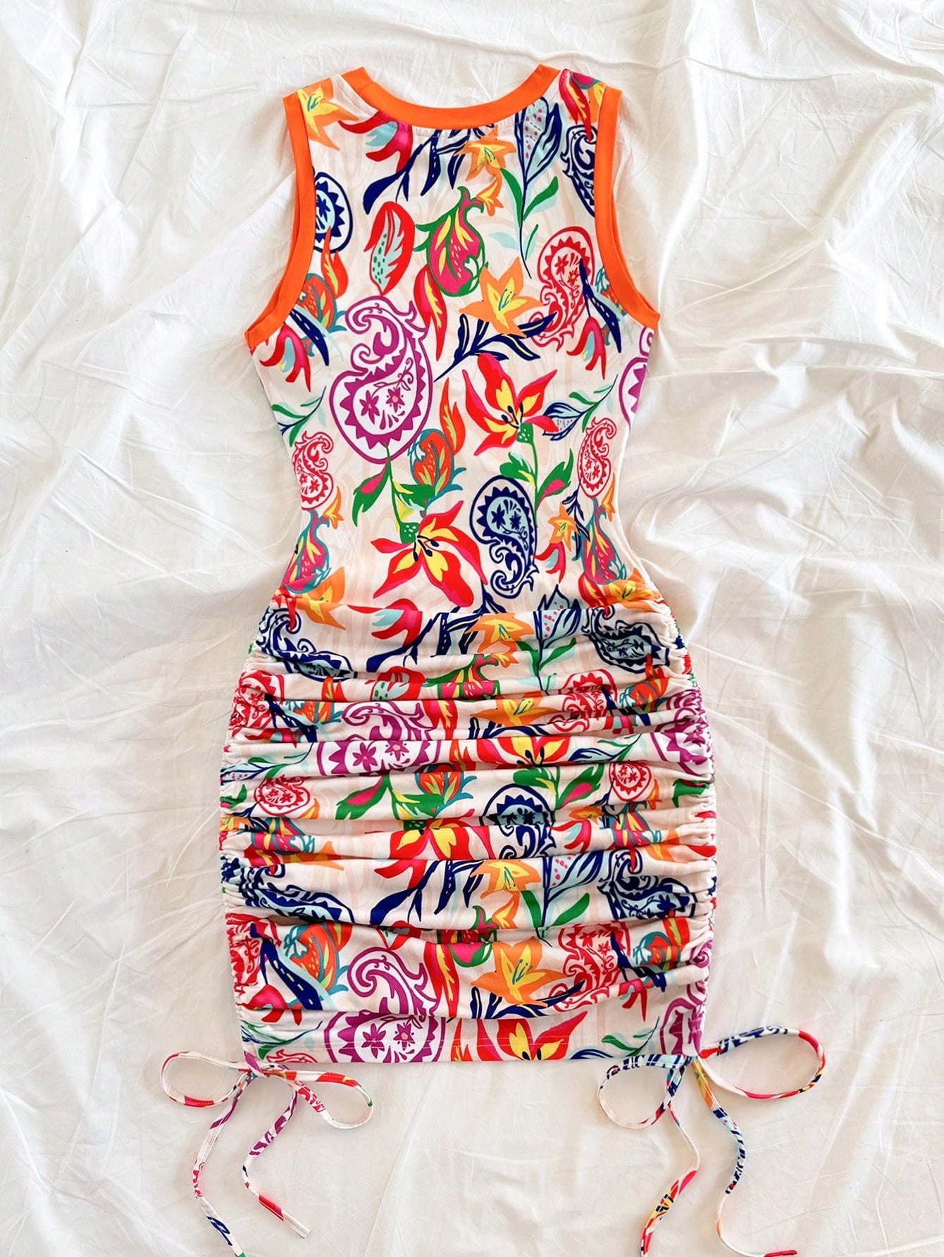 Soleia Women's Summer Holiday Vacation Sleeveless Mini Dress, White Floral Boho Tropical Artsy Graffiti Paisley Print, Drawstring Waist, Ruffle Hem, Beach