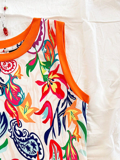 Soleia Women's Summer Holiday Vacation Sleeveless Mini Dress, White Floral Boho Tropical Artsy Graffiti Paisley Print, Drawstring Waist, Ruffle Hem, Beach