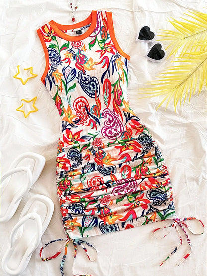 Soleia Women's Summer Holiday Vacation Sleeveless Mini Dress, White Floral Boho Tropical Artsy Graffiti Paisley Print, Drawstring Waist, Ruffle Hem, Beach