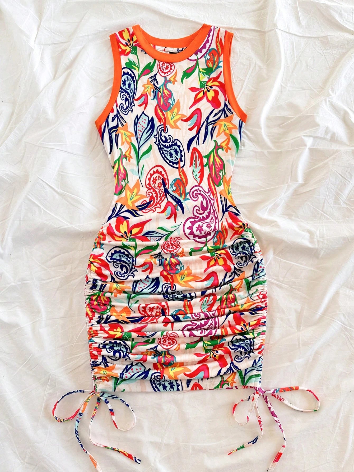 Soleia Women's Summer Holiday Vacation Sleeveless Mini Dress, White Floral Boho Tropical Artsy Graffiti Paisley Print, Drawstring Waist, Ruffle Hem, Beach
