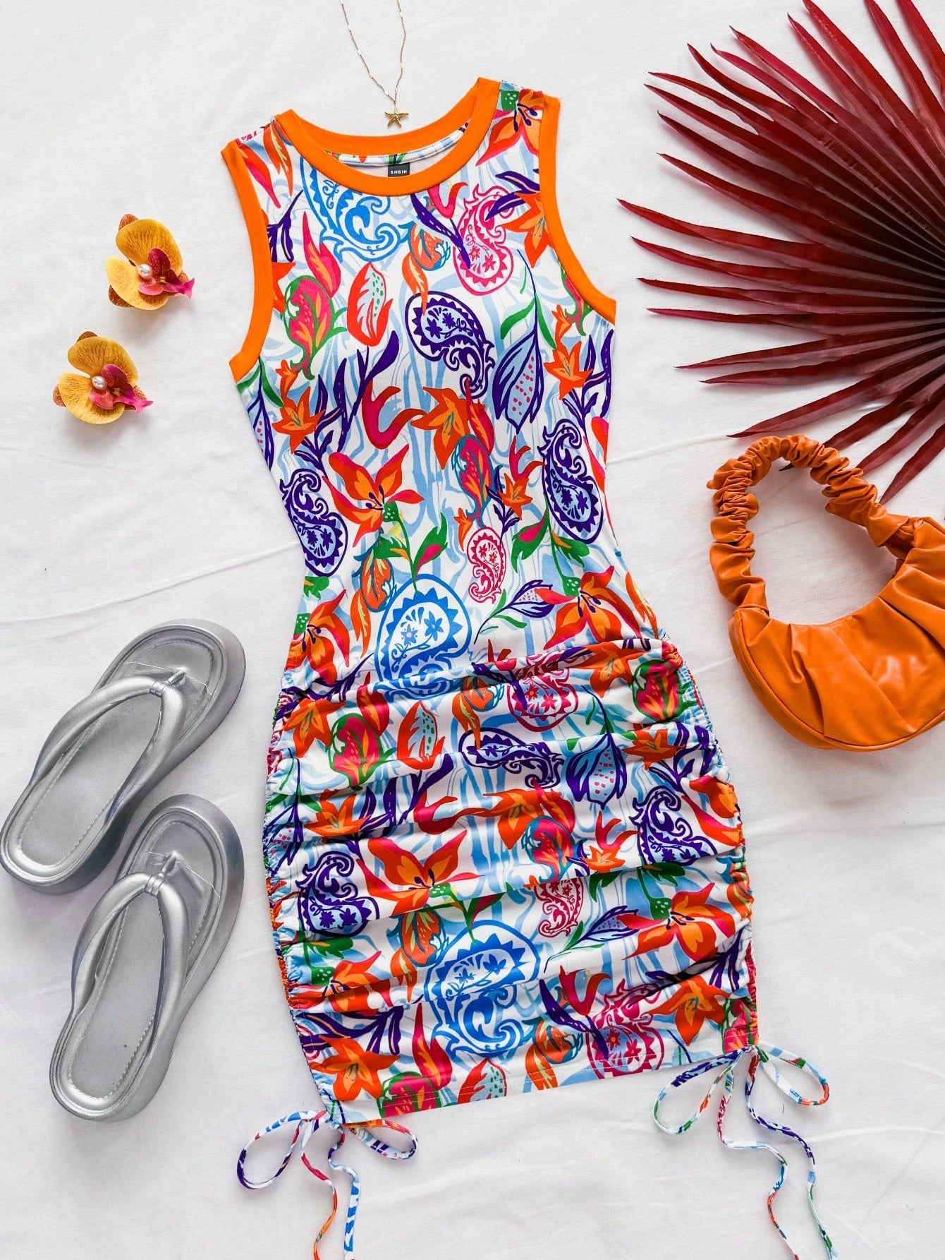 Soleia Women's Summer Holiday Vacation Sleeveless Mini Dress, White Floral Boho Tropical Artsy Graffiti Paisley Print, Drawstring Waist, Ruffle Hem, Beach