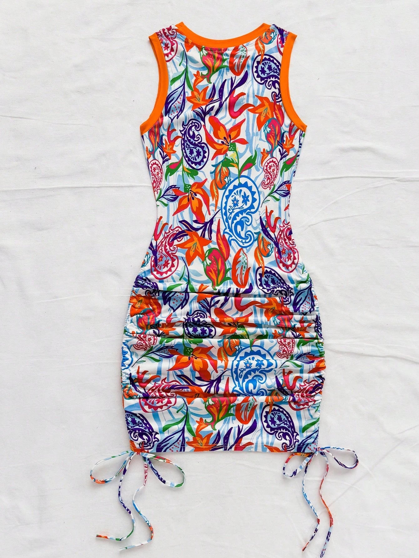 Soleia Women's Summer Holiday Vacation Sleeveless Mini Dress, White Floral Boho Tropical Artsy Graffiti Paisley Print, Drawstring Waist, Ruffle Hem, Beach