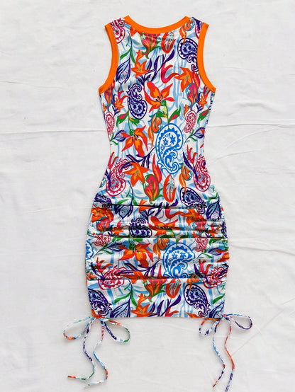 Soleia Women's Summer Holiday Vacation Sleeveless Mini Dress, White Floral Boho Tropical Artsy Graffiti Paisley Print, Drawstring Waist, Ruffle Hem, Beach