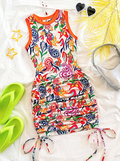Soleia Women's Summer Holiday Vacation Sleeveless Mini Dress, White Floral Boho Tropical Artsy Graffiti Paisley Print, Drawstring Waist, Ruffle Hem, Beach