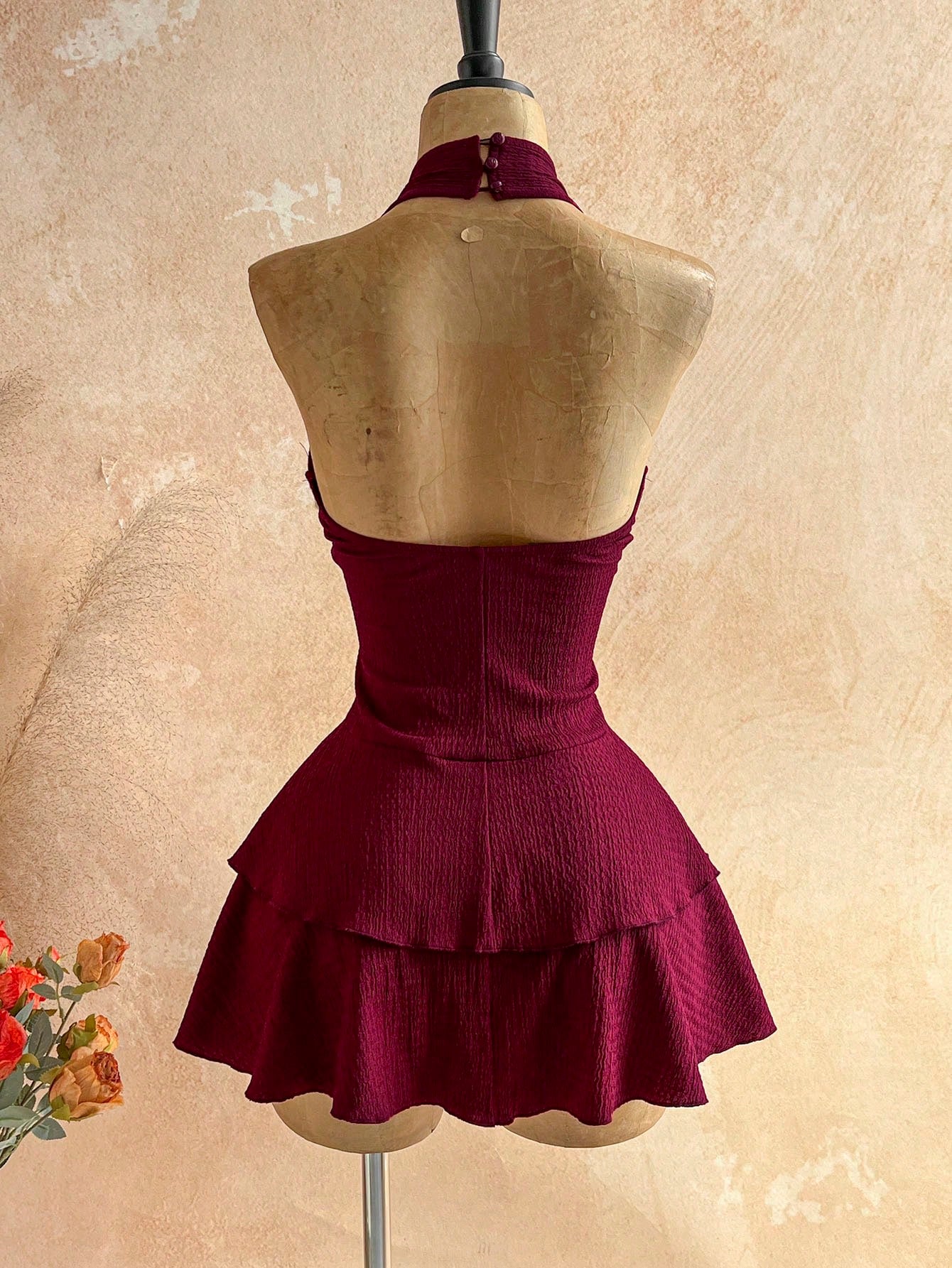 Soleia Women's Vacation Beach Night Out Vacation Starfish Decor Backless Halter Mini Dress,Summer Dress,Vacation Dress Burgundy Sexy