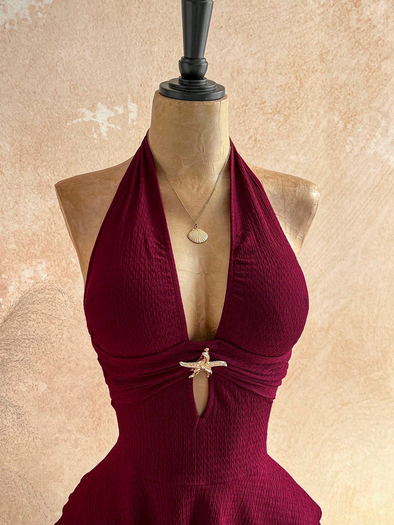 Soleia Women's Vacation Beach Night Out Vacation Starfish Decor Backless Halter Mini Dress,Summer Dress,Vacation Dress Burgundy Sexy