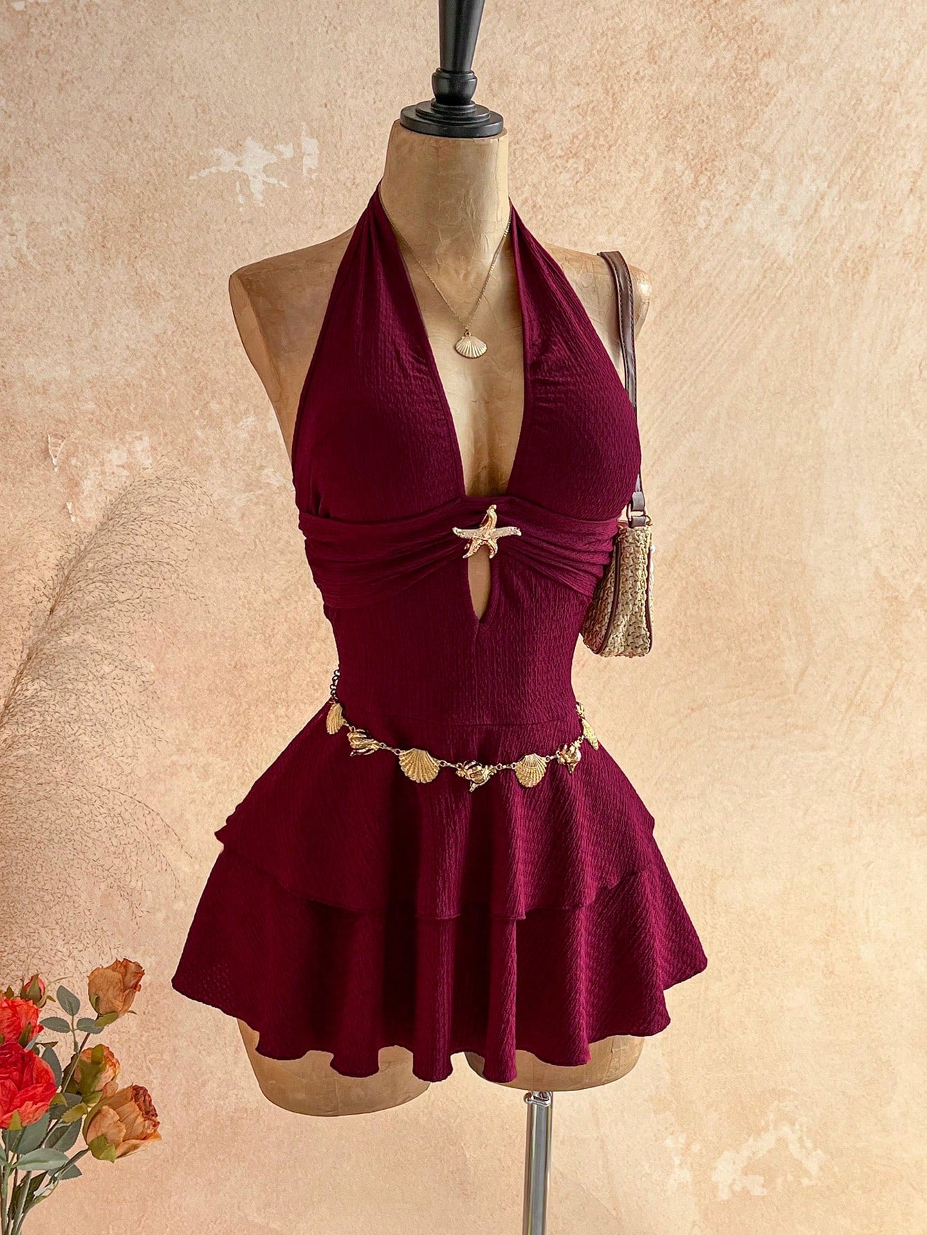Soleia Women's Vacation Beach Night Out Vacation Starfish Decor Backless Halter Mini Dress,Summer Dress,Vacation Dress Burgundy Sexy