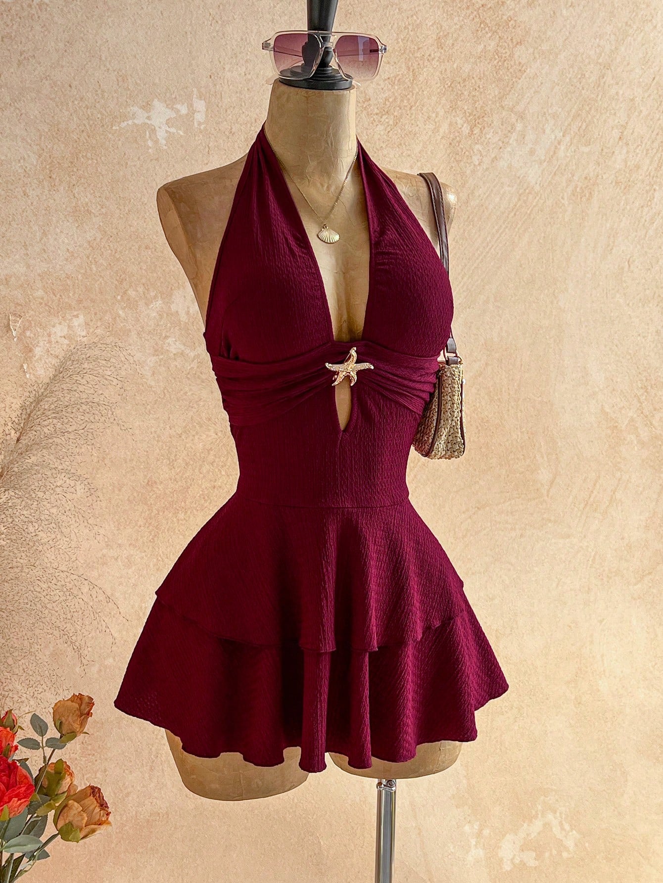 Soleia Women's Vacation Beach Night Out Vacation Starfish Decor Backless Halter Mini Dress,Summer Dress,Vacation Dress Burgundy Sexy