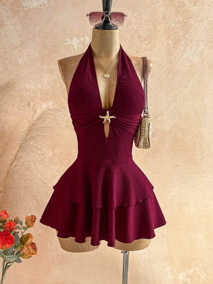 Soleia Women's Vacation Beach Night Out Vacation Starfish Decor Backless Halter Mini Dress,Summer Dress,Vacation Dress Burgundy Sexy