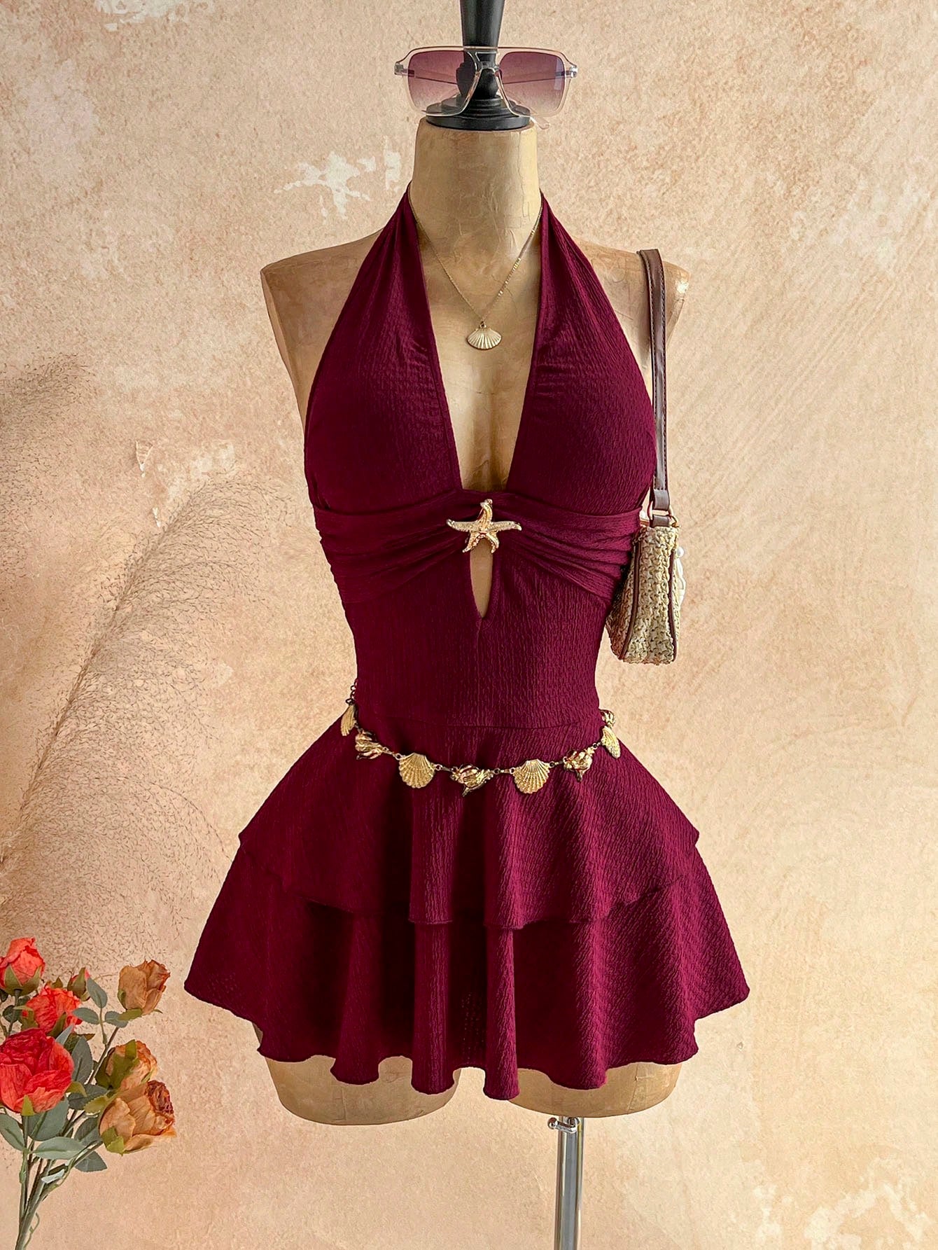 Soleia Women's Vacation Beach Night Out Vacation Starfish Decor Backless Halter Mini Dress,Summer Dress,Vacation Dress Burgundy Sexy