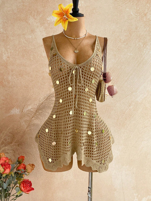 Soleia Women's Vacation Sequin Design Front Tie Hollow Out Camisole Dress