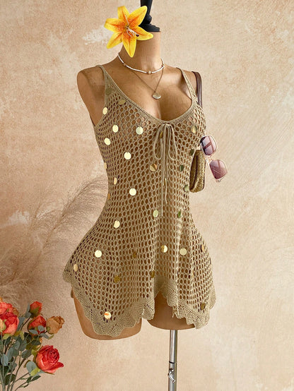 Soleia Women's Vacation Sequin Design Front Tie Hollow Out Camisole Dress