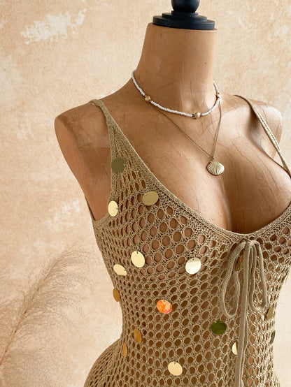 Soleia Women's Vacation Sequin Design Front Tie Hollow Out Camisole Dress