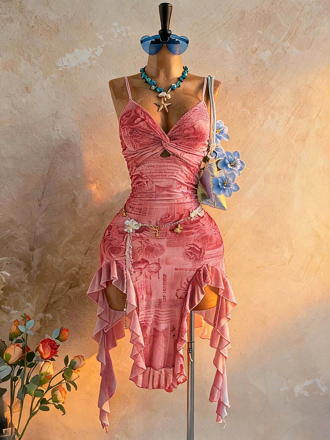 Soleia Women's Vacation Twist Design Asymmetric Hem Spaghetti Strap Midi Dress Vacation Pink Summer Sexy Y2k Party Night Night Out