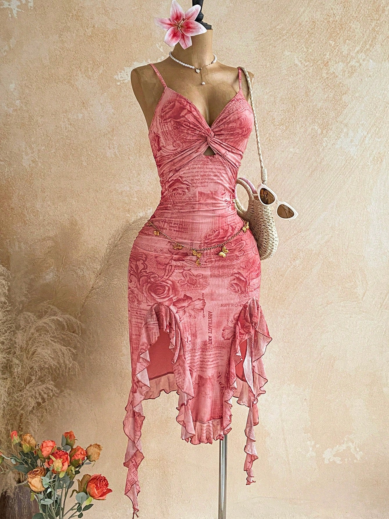 Soleia Women's Vacation Twist Design Asymmetric Hem Spaghetti Strap Midi Dress Vacation Pink Summer Sexy Y2k Party Night Night Out