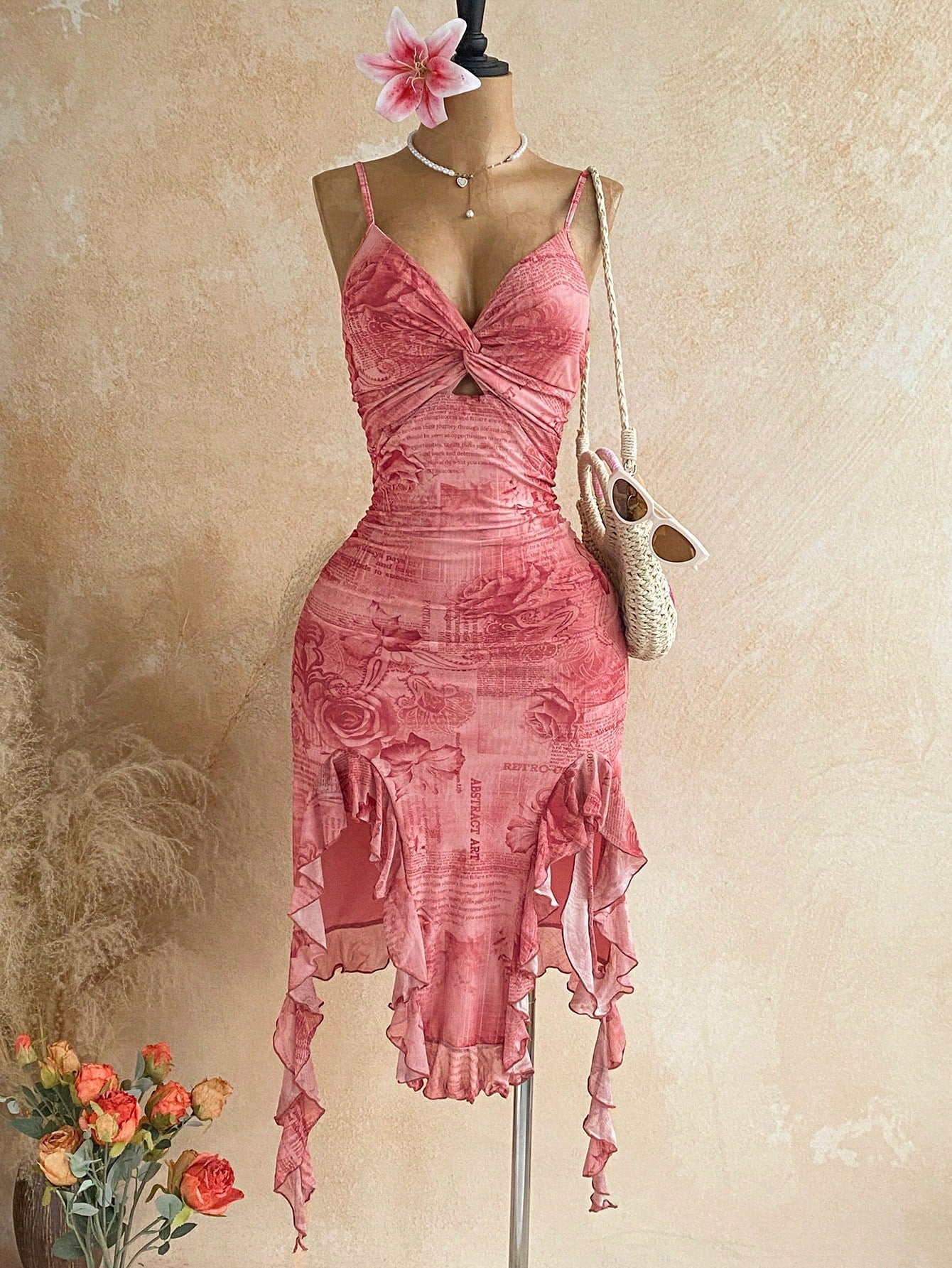 Soleia Women's Vacation Twist Design Asymmetric Hem Spaghetti Strap Midi Dress Vacation Pink Summer Sexy Y2k Party Night Night Out