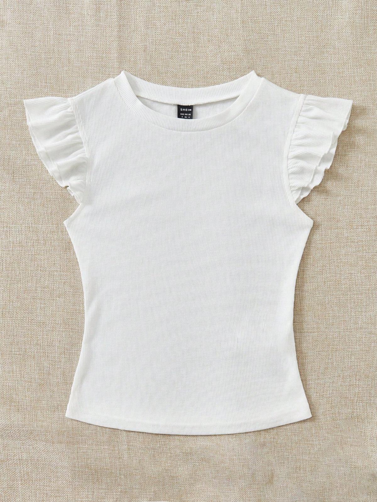 Soleia WYWH Vacation Ruffle Trim Ribbed White Knit Tee